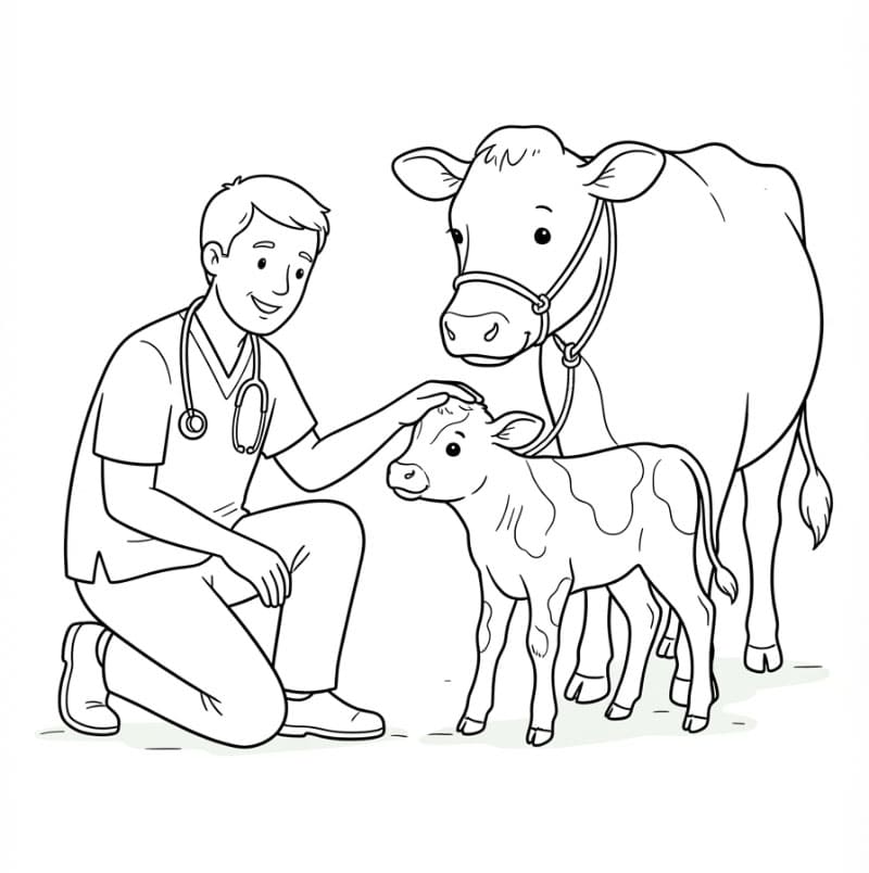 Veterinari con mucca e vitello da colorare