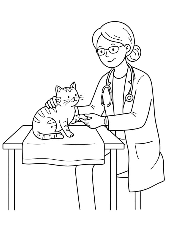Veterinari con un gatto da colorare