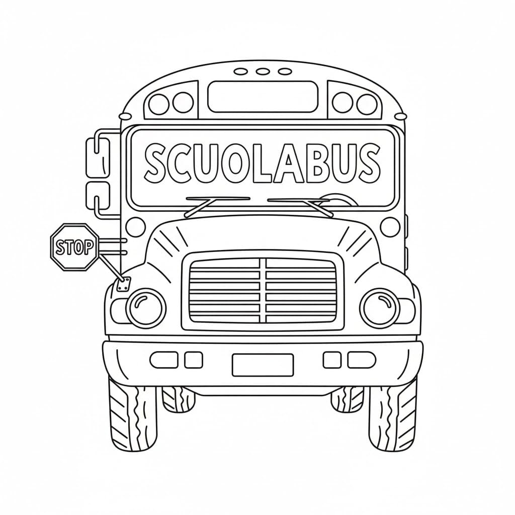Vista frontale dello scuolabus da colorare