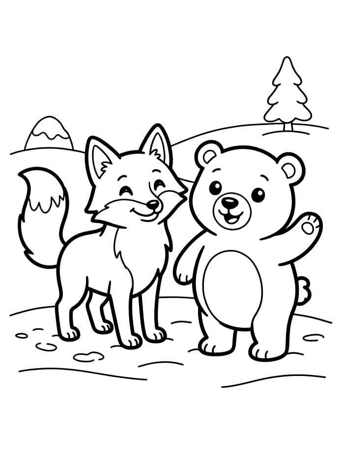 Volpe artica e un orso polare amichevole da colorare
