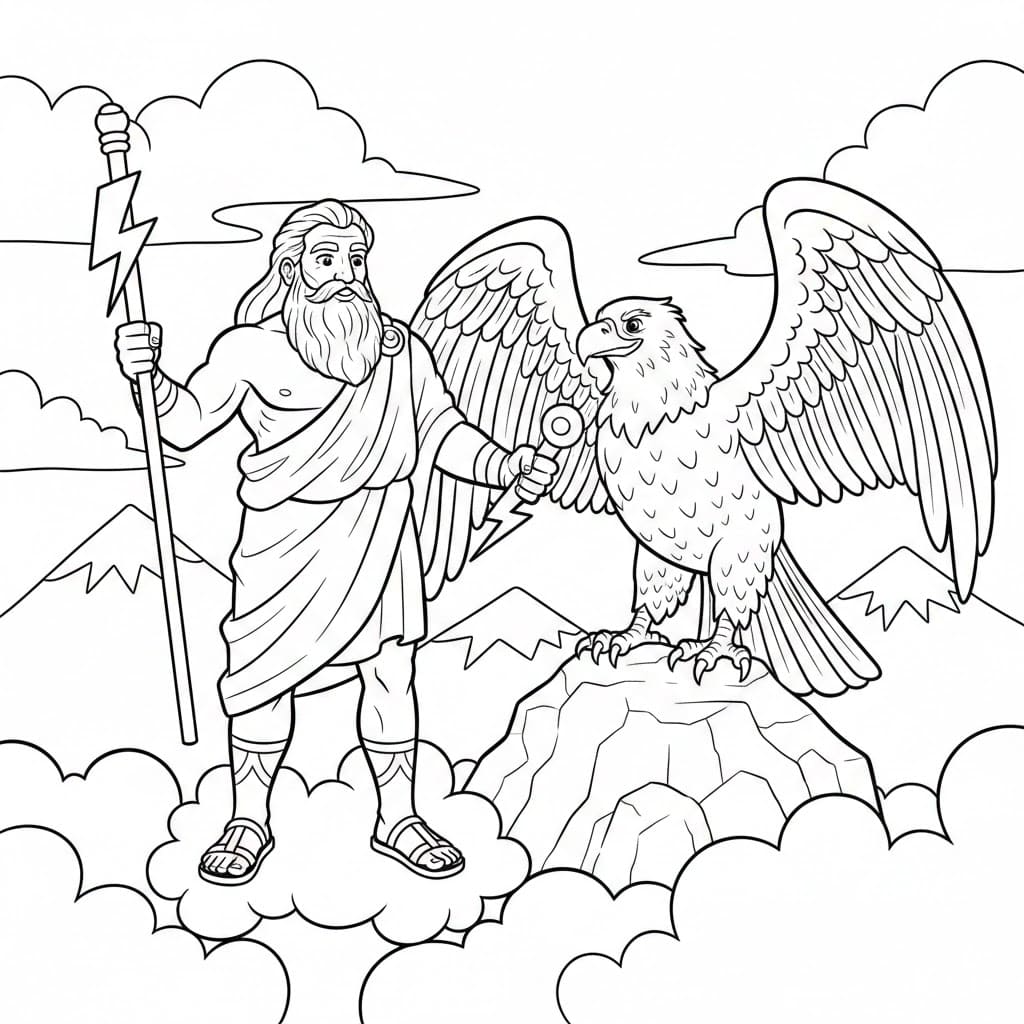Zeus accanto a un'aquila da colorare