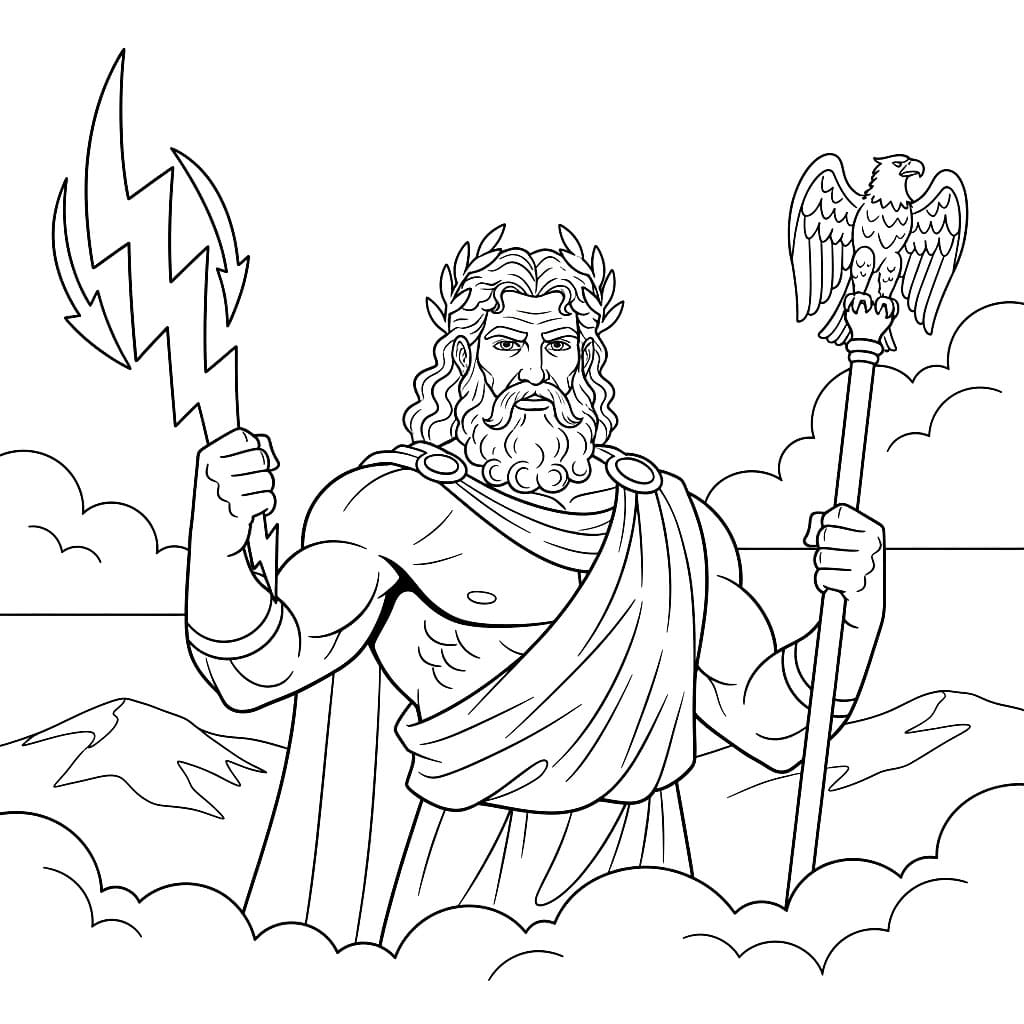 Zeus che tiene in mano un fulmine da colorare