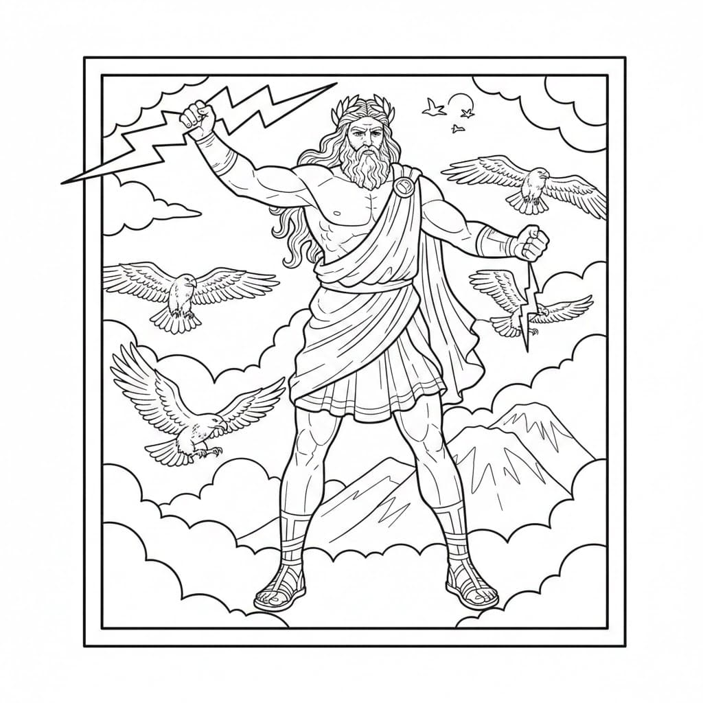 Zeus con un grande fulmine da colorare