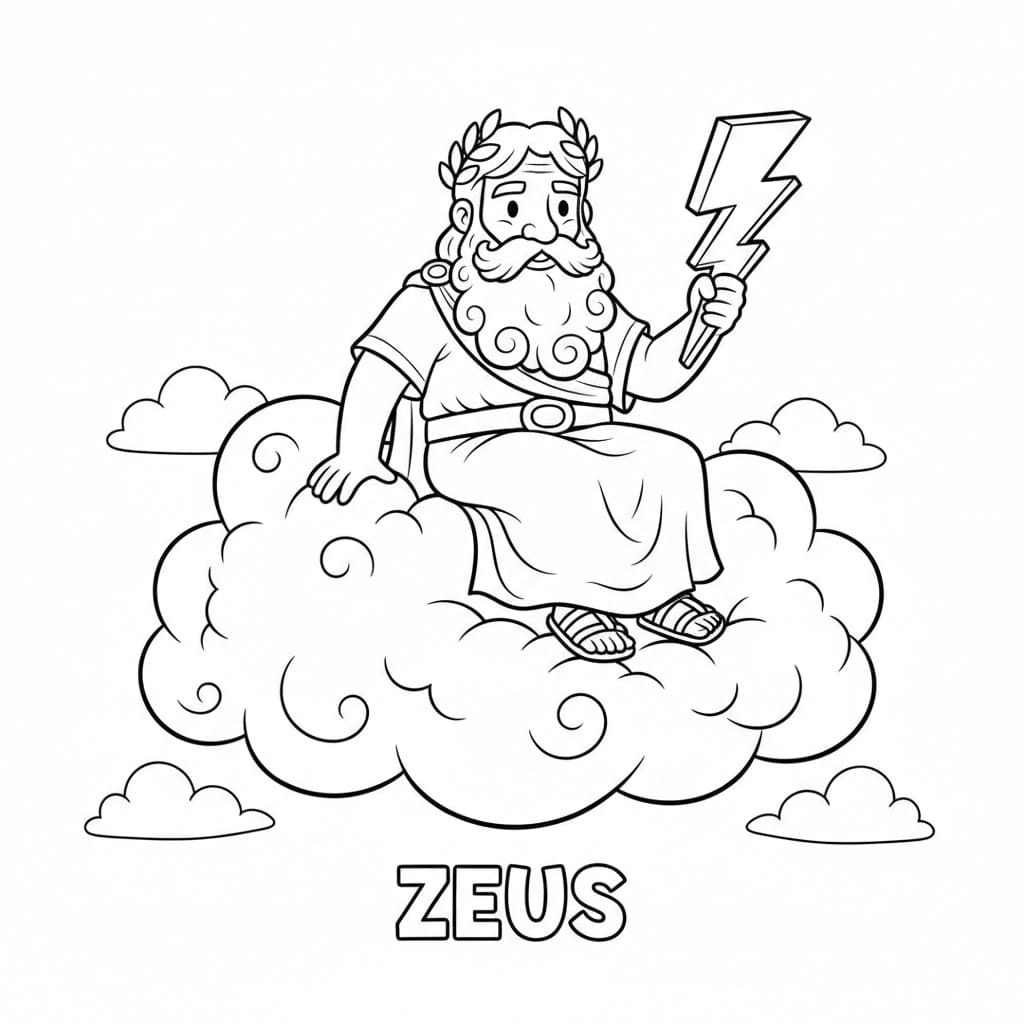 Zeus seduto su una nuvola soffice da colorare