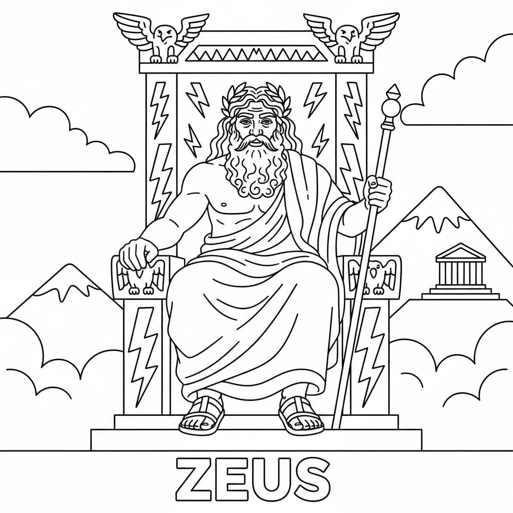 Zeus su un trono da colorare